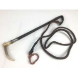 Swaine Adeney silver mounted hunting whip with leather shaft and lash, with engraved initials C.F.N.