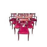 Set of ten George IV mahogany bar back dining chairs, each with slip in seat on square tapered legs,