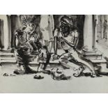 *Colin Moss (1914-2005) monochrome watercolour - Two men in conversation on town steps, signed, 51cm