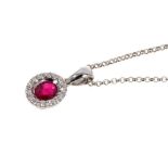 Ruby and diamond cluster pendant in 18ct white gold setting on 9ct gold chain