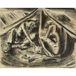 *Colin Moss (1914-2005) pen and watercolour - Two men at camp, signed and dated ‘46, 40.5cm x 50.5c