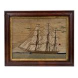 19th century sailor's woodwork ship picture, the three masted vessel in calm seas, in period glazed