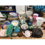 Group of art pottery, lamps, large pottery vase with paper flowers, Murano glass clown, etc