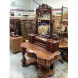 Victorian figured walnut duchess dressing table with raised bevelled mirror back, 121cm wide, 56cm d