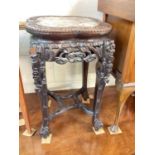 Chinese carved hardwood plant stand with inset marble top, 34cm wide, 56cm high