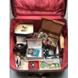 Vintage case of costume jewellery and an empty Omega watch box