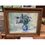 Oil on canvas study of cornflowers in a vase, mounted in gilt frame.