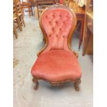 Victorian mahogany framed spoon back chair with buttoned pink upholstery on cabriole front legs