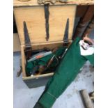 Pine box of old tools, including saws, planes, etc