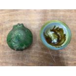 Antique green glazed pottery flask and Art pottery bowl (2)