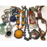 Tribal style necklaces, semi precious gem stones and specimens, white metal jewellery and other item