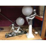 Two reproduction Art Deco style table lamps and pair of similar style table lamps, all with shades