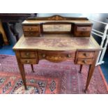 Late Victorian inlaid rosewood writing table with raised ledge and bevelled mirror back flanked by f