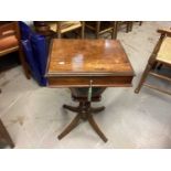 19th century walnut needlework table on turned column and four splayed legs