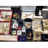 Costume jewellery including gilt necklaces, coin pendant on chain, cultured pearl necklaces, Pierre