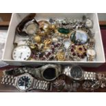 Silver charm bracelet, silver gem set floral basket brooch, vintage costume jewellery, pocket watch