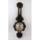Victorian banjo shaped barometer thermometer in mother of pearl inlaid papier-mâché case. 97cm