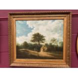 19th century English School oil on canvas in gilt frame - rural landscape with figures before a cott