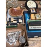 Sundry items, including a group of silver plate, an enamelled dressing table set, a framed scene of