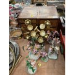 Group of Oriental items to include Japanese parquetry desk, oriental hard stone floral arrangements