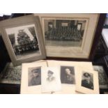 WWI military photographs in glazed frames, vintage suitcase containing loose photographs and a selec