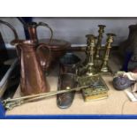 Group of mostly 19th century copper and brass to include candlesticks, warming pan etc