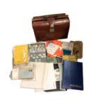 Brown leather brief case containing stamps. Stamps- GB and world selection in stock book, envelopes