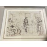 English School, circa 1920, pen and ink, sketch of figures in an interior, 13 x 16cm, glazed frame