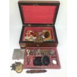 Antique wooden jewellery box containing two cameo brooches, Victorian silver brooch, silver chains,