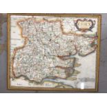 Tinted colour map, "Essex" by Robert Morden, framed and glazed