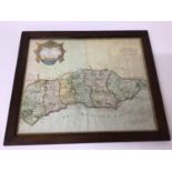 Early 18th century hand coloured map of Sussex by Robert Morden, framed, 40cm x 33cm