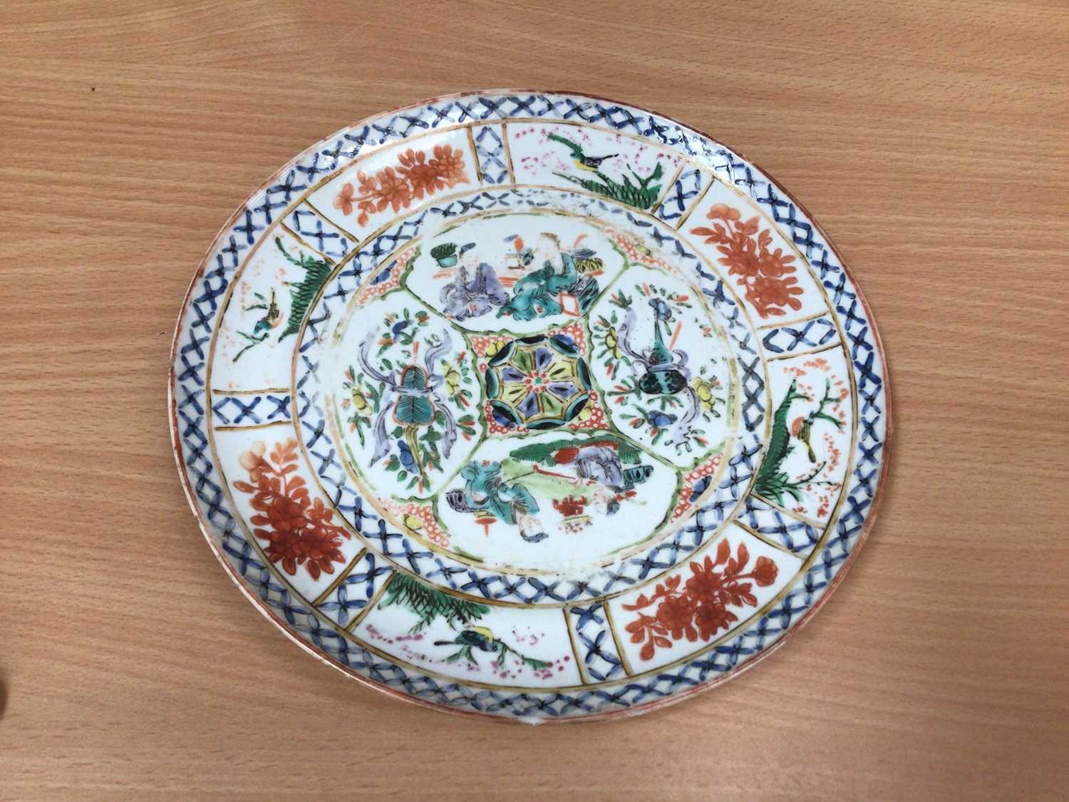 Six 19th century Chinese polychrome porcelain plates decorated with figures, birds and flowers - Image 12 of 12