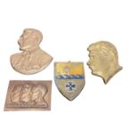 Old cast metal bust plaque of Hitler, 21cm high, two others including Stalin and German Old Comrades