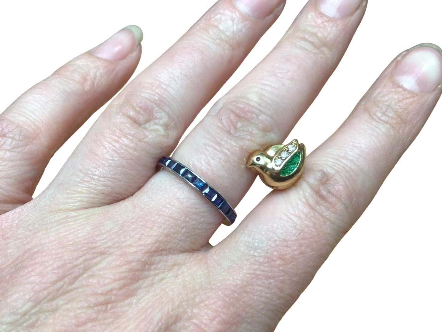 Platinum and blue sapphire eternity ring and a gold (750) enamel and paste set novelty pin in the fo - Image 4 of 4