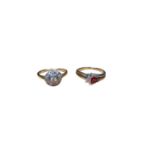 18ct gold diamond cluster ring and a 9ct gold red stone and diamond ring (2)