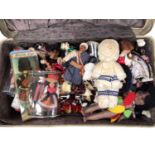 Two vintage cases of costume dolls, many celluloid and hard plastic.