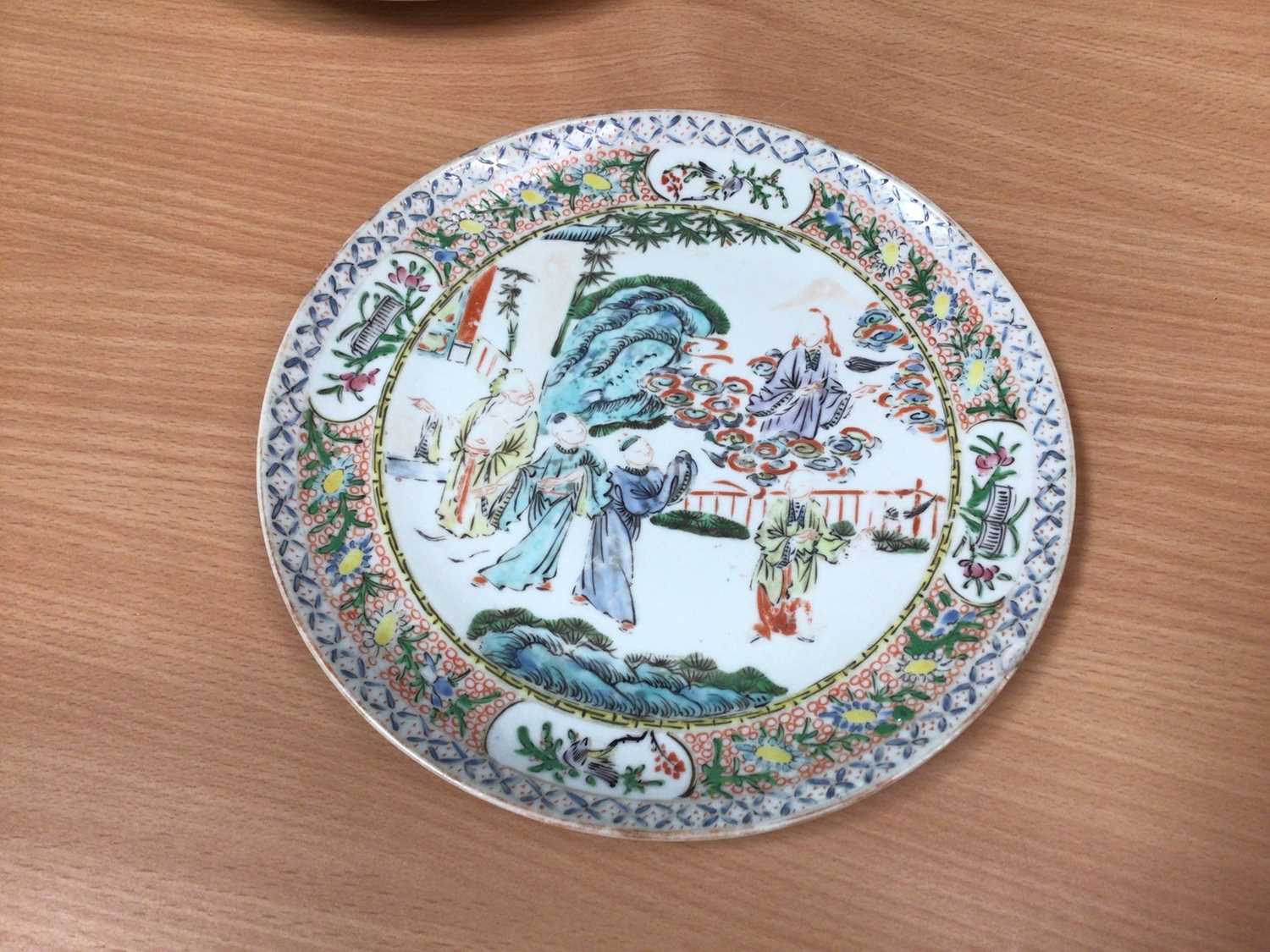 Six 19th century Chinese polychrome porcelain plates decorated with figures, birds and flowers - Image 3 of 12