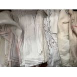 Box of lace, crochet and embroidered tablecloths, napkins, a good quantity of cream silk fabric plus