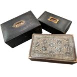 19th century leather mounted stationery box, inlaid Damascus box and a jewellery box