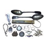 Georgian silver tablespoon, one other plated spoon, silver cased fob watch, collection of winding ke