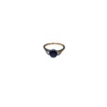 Sapphire and diamond three stone ring with heart shape diamond shoulders on 18ct gold shank