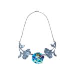 Art Nouveau style silver and enamel necklace depicting a fairy and flowers