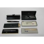 Montblanc Meisterstuck fountain pen in black leather Montblanc case, and three boxed sets of Cross p