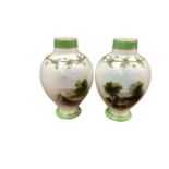 Pair of Royal Worcester vases, painted by Raymond Rushton with landscape scenes, foliate pattern to