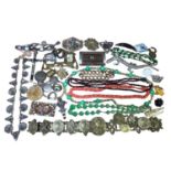 Group of vintage costume jewellery including beads, Art Nouveau style belt, marcasite lizard brooch,