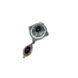 Victorian style renaissance design 9ct gold amethyst, pearl and enamel brooch with further suspendin
