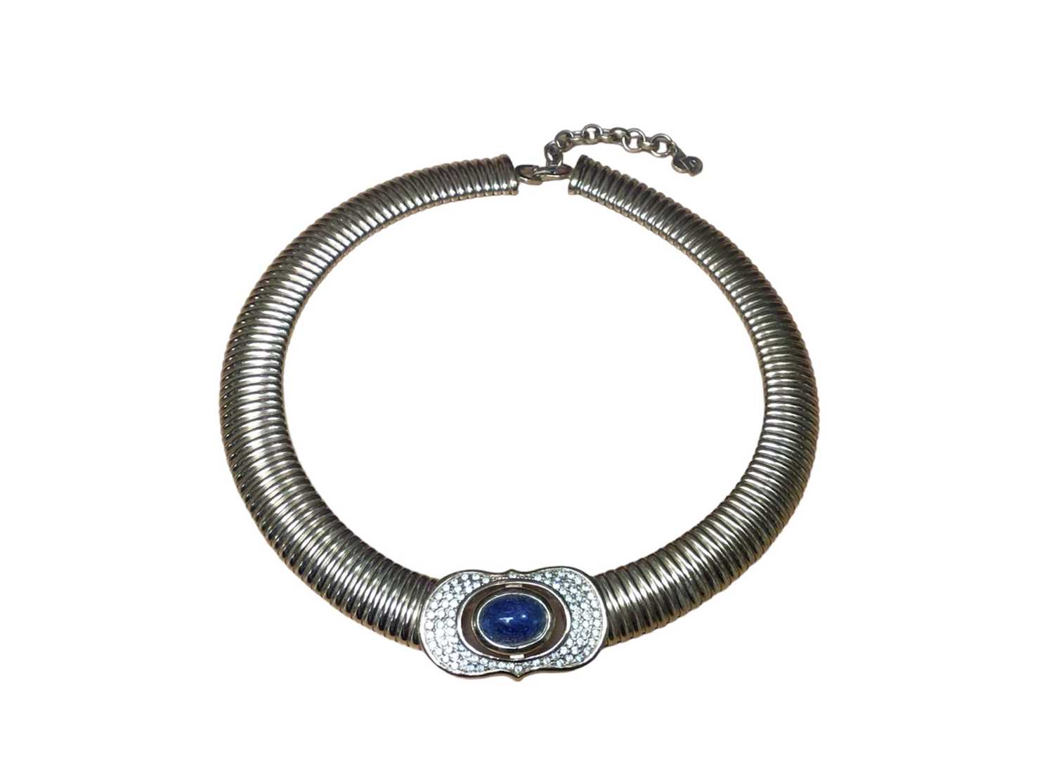 Christian Dior vintage gilt metal necklace with a paste set plaque and central blue cabochon