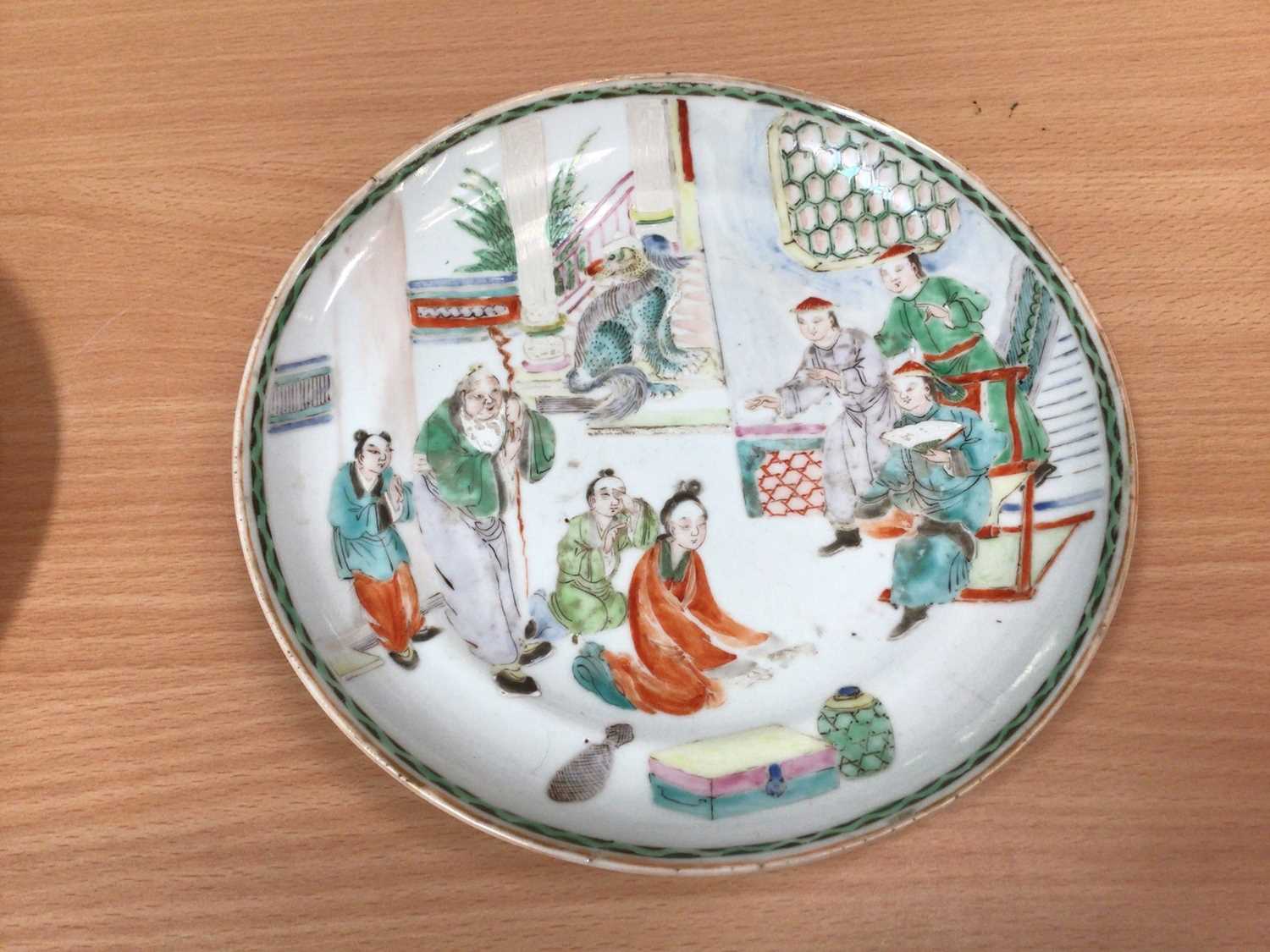 Six 19th century Chinese polychrome porcelain plates decorated with figures, birds and flowers - Image 11 of 12