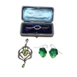 Edwardian 9ct gold peridot and seed pearl pendant, Edwardian diamond and seed pearl bar brooch and a