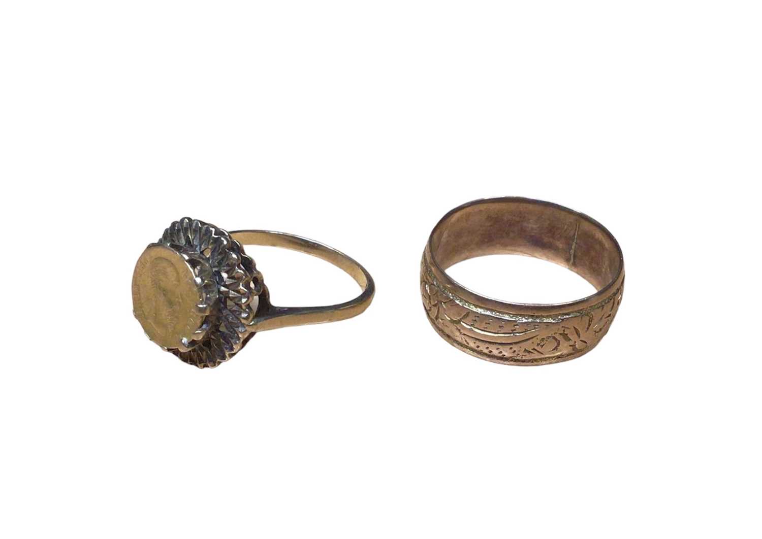 9ct gold mounted Mexican coin ring and 9ct gold wedding ring with foliate decoration - Image 2 of 2